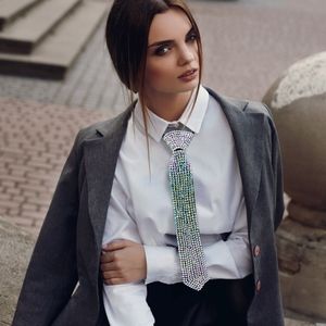 Abalone Crystal Necktie Bling Rhinestones Tie Necklace Chain Statement Jewelry